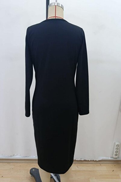 Mossta V-Neck Buttoned Slit Modal Dress - Black