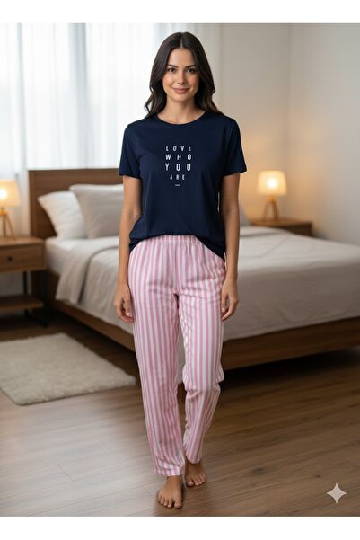 FAMES PİJAMA Women's Navy Blue Summer Pajama Set