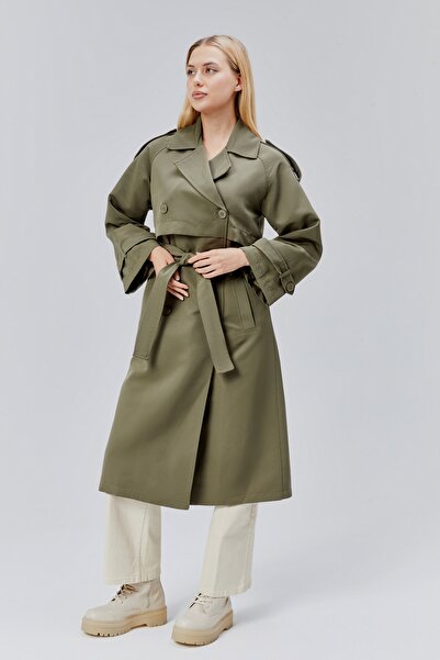 Bolivente Koyu Haki Kruvaze Kapama Rüzgarlık Detaylı Trençkot 44956
