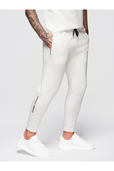 OMBRE Men's joggers with drawstrings and rubber print - white V2 OM-PASK-0223