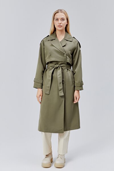 Bolivente Koyu Haki Kruvaze Kapama Rüzgarlık Detaylı Trençkot 44956