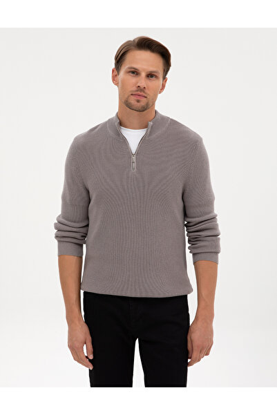 Pierre Cardin Açık Gri Melanj Slim Fit Dik Yaka Fermuarlı Triko Kazak 50317363-VR091