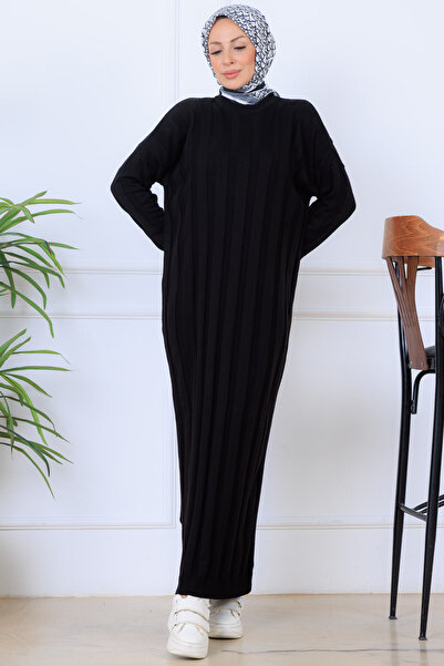 benguen Kendinden Çizgili Triko Elbise K3021 Siyah