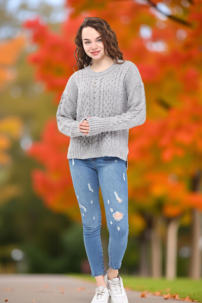 Qlees Fashion Women's Winter Sweater Boucle Knit Patterned Crew Neck Gray Knitwear Sweater