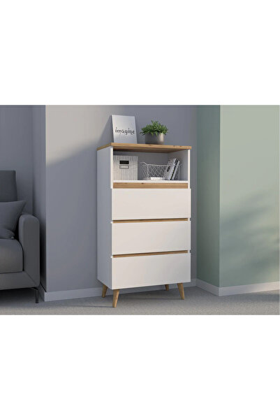 SERSIMO Norge 03 bookcase chest with 3 drawers and open shelf, 65x37x119 cm, white and craft oak