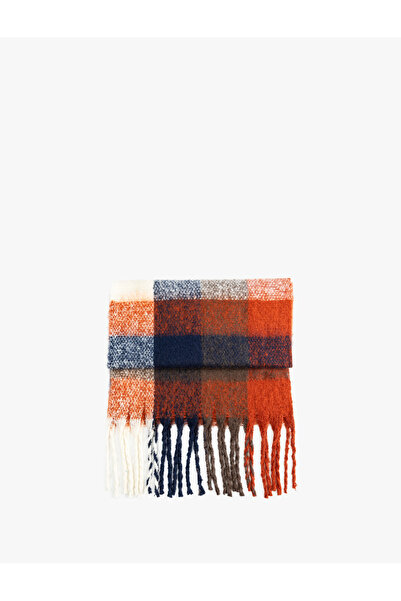 Koton Soft Textured Tasseled Plaid Long Scarf