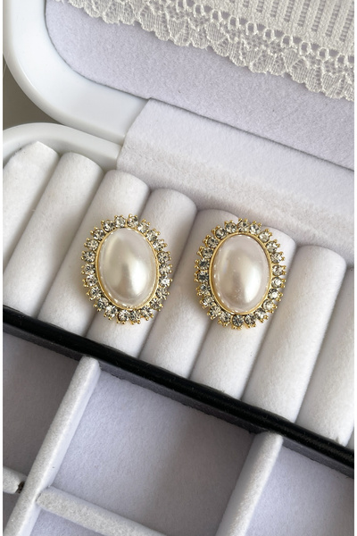 Happyline Kenarları taşlı ve incili büyük küpe gold kaplama Choker tasma