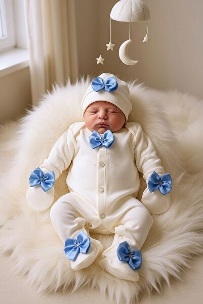 Şeker Tadında Tasarımlar 100% Cotton Baby Boy Hospital Release Romper Set – Blue with Bow Detail