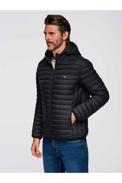 OMBRE Κλασικό ανδρικό καπιτονέ μπουφάν με δυνατότητα συσκευασίας - μαύρο v2 OM-JALP-0295