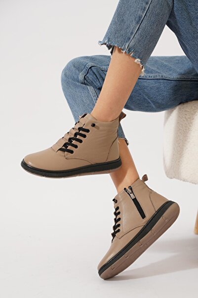 Moda Pie Peles Hakiki Deri Ortopedik Pileli Lastikli Yan Fermuarlı Kadın Bot Vizon