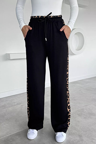 Zehra Gül Siyah Kadın Leopar Detaylı Bel Lastikli Palazzo Pantolon