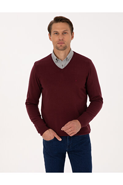 Pierre Cardin Koyu Bordo Slim Fit V Yaka Basic Triko Kazak 50314190-VR175