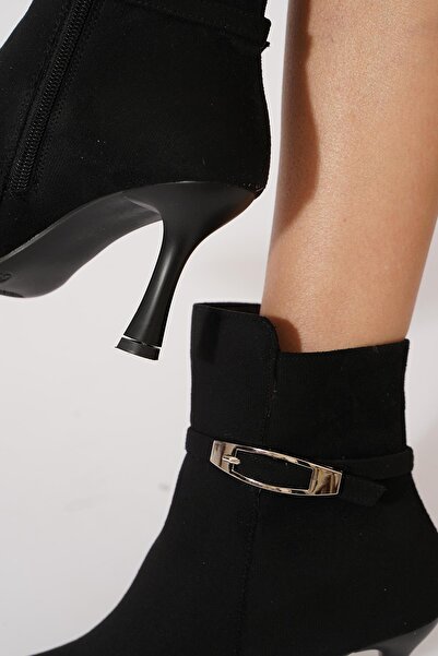 Moda Pie Delsan Yan Tokalı İnce Ökçe Kadın Topuklu Bot Siyah Süet