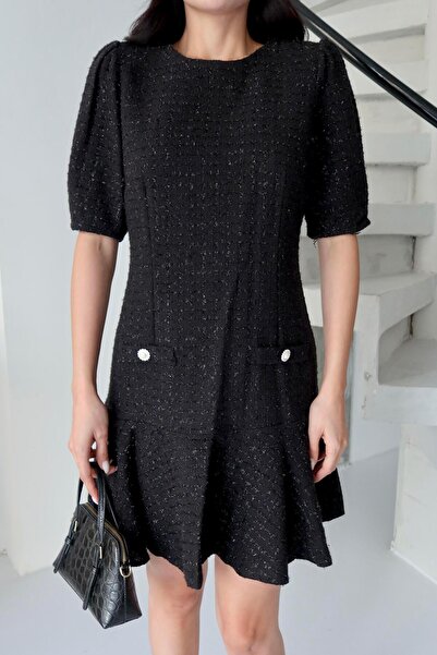 Serica Moda Black Tweed Fabric Pocket Detailed Flared Dress