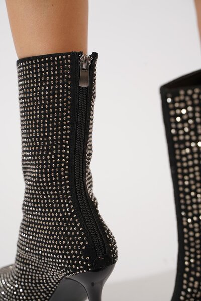 Moda Pie Yesu Komple Taşlı İnce Ökçe Kadın Topuklu Bot Siyah Süet