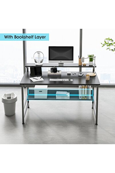 Venpara Study Desk with Monitor Stand & Bookshelf, Office Desk with Under-Desk Storage