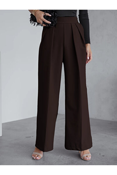 UniqueStore.ro Pantaloni evazat eleganți cu talie elastică înaltă, maro cioco...