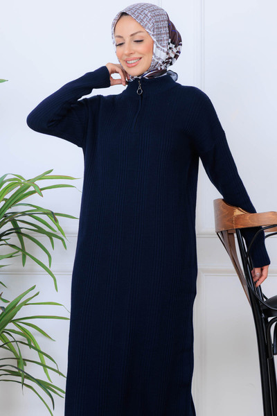 benguen Corded Fabric Knitwear Dress K3005 Navy Blue