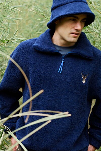 WWF Market Geyik Sherpa Quarter-Zip Sweatshirt - Lacivert