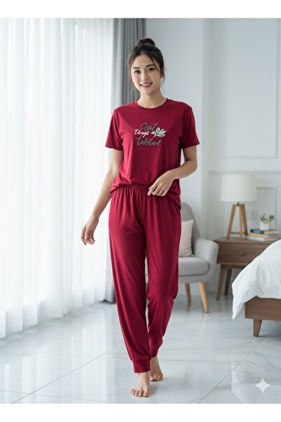 FAMES PİJAMA Women's Burgundy Summer Pajama Set