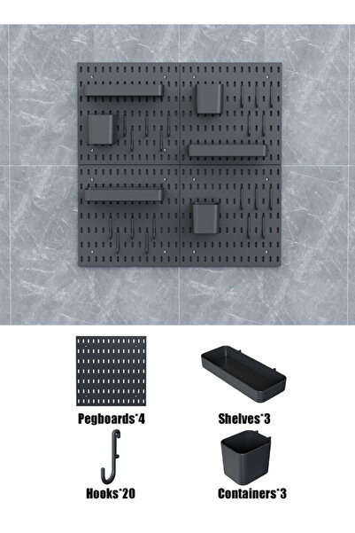 Generic مجموعة منظم حائط من 4 قطع باللون الأسود مع رف حائط للتخزين والعرض، وحدات قابلة للتعليق