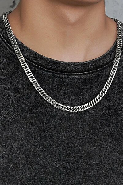 TAKIŞTIR Silver Color Men's Chain Steel Necklace (50cm)
