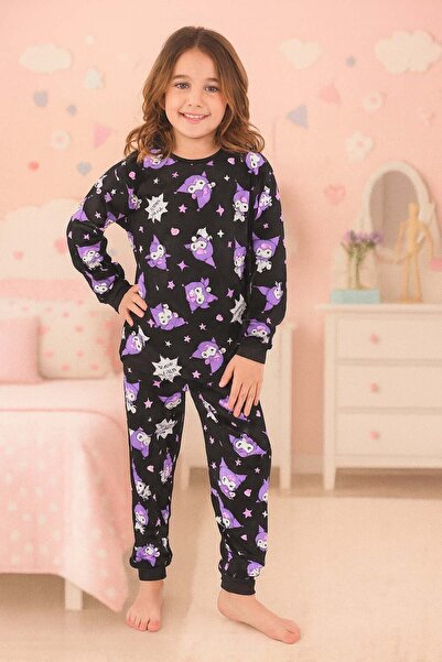 Little Miny Kids Kuromi Desen %100 Pamuk Siyah Kız Çocuk Pijama Takım