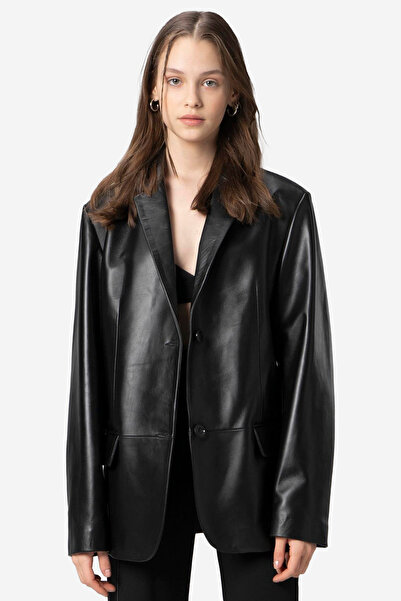 Dericlub Bloom Women's Oversized Button Genuine Leather Blazer Jacket