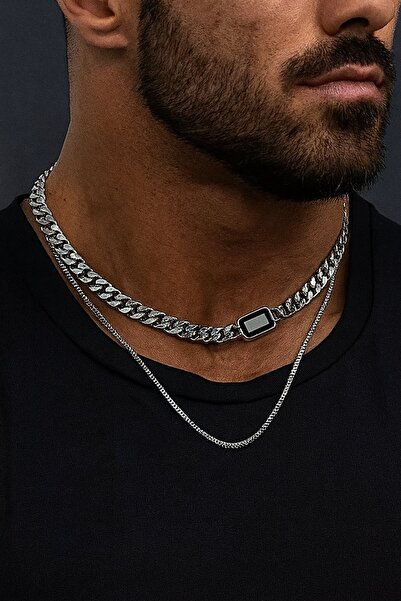 TAKIŞTIR Silver Color Stone Detailed Men's Double Chain Steel Necklace