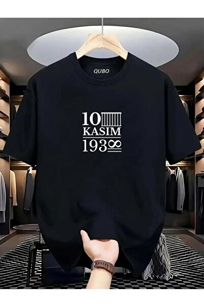TİMİSİVA Tricou unisex supradimensionat 10 NOV1 cu imprimeu Bumbac guler rotund mâneci scurte NEGRU