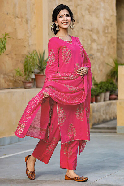ZERE Pink Cotton Straight 3-Piece Kurta Set