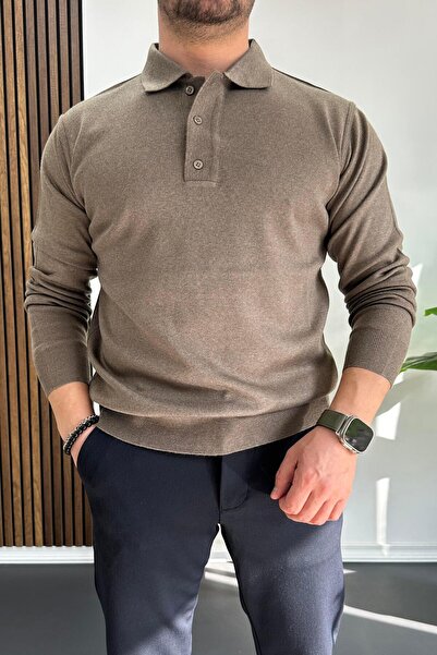 Edwox Мъжки пуловер с копчета и поло яка, светлокафяв Edw231