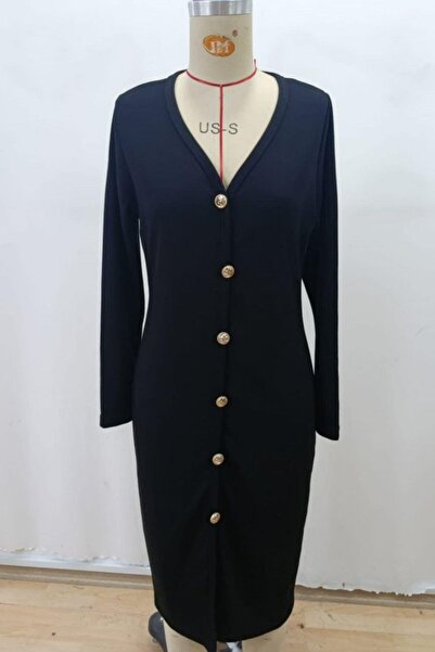 Mossta V-Neck Buttoned Slit Modal Dress - Black