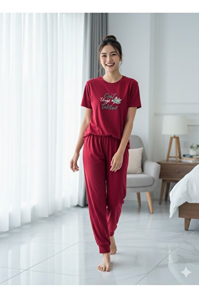 FAMES PİJAMA Women's Burgundy Summer Pajama Set