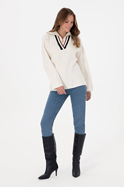 U.S. Polo Assn. Pulover alb pentru femei, cu decolteu în V, cu fermoar 50309564-VR256