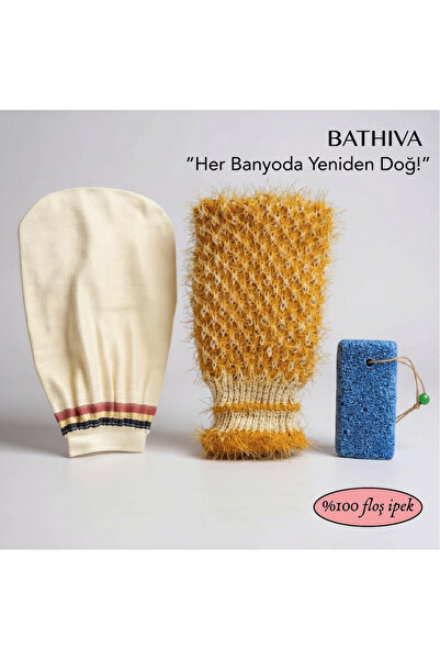 bathiva 3'lü Banyo Kesesi %100 Floş İpek Peeling Eldiveni, El Geçmeli Örgü Li...