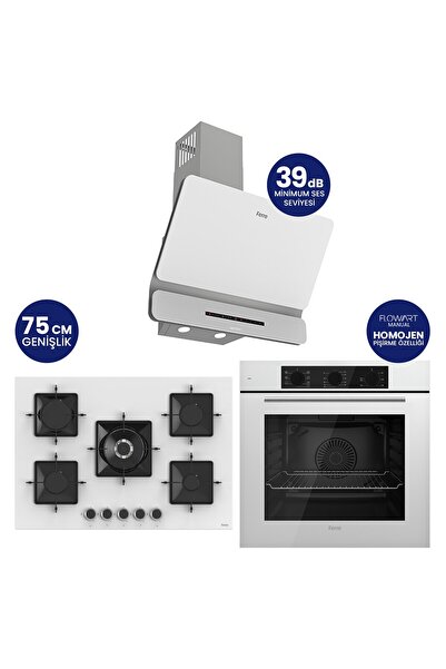 Ferre Flowart Turbolu 5 Gözlü Amörtisörlü Silenart Beyaz Cam Ankastre Set QBL62CB - SS036 - D081SA