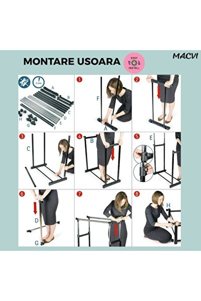 MACVI ® Double Clothes Rack, adjustable, metal bar, swivel wheels, mobile for drying & organizing