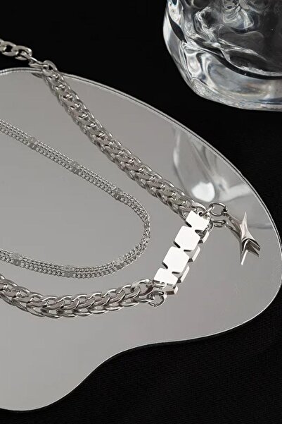 TAKIŞTIR Silver Color Men's Double Chain Steel Necklace