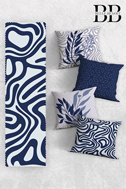Belle Benoit Navy Blue White Double-Sided Digital Printing 4-Piece Pillowcase Throw Pillow Cover, American Service Runner Set
