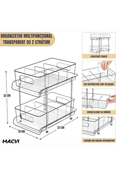 MACVI ® fridge organizer, 2 levels, slide-out drawers, removable dividers, 33x23x19 cm.
