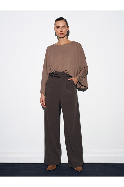 Dilvin 72197 Kemerli Yüksek Bel Pantolon-Koyu Vizon