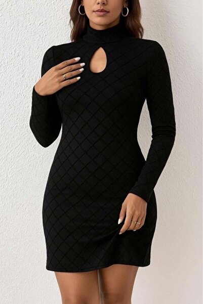 Genel Markalar Kadın Uzun Kollu Damla Detay Flok Baskı Dalgıç Mini Elbise