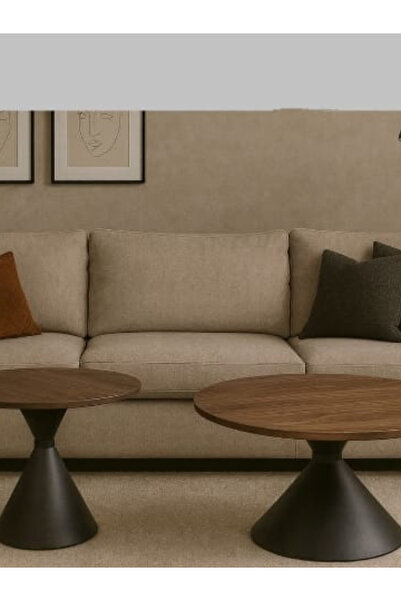 BEC49 طقم طاولات قهوة مودرن (قطعتين) سطح خشب دائري وقاعدة مخروطية