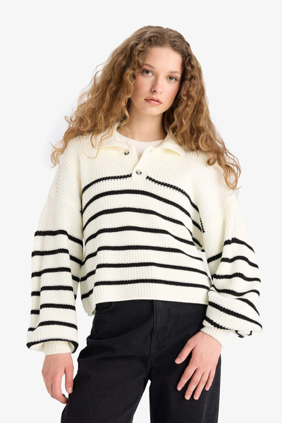 DeFacto C4918Axer103 Ecru Coool Relax Fit Polo Neck Buttoned Striped Knit Sweater