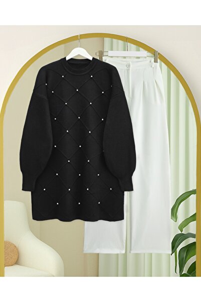 Modamorfo Stone Detailed Square Patterned Knitwear Tunic -Black