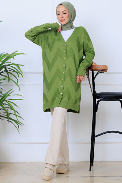 benguen Patterned Long Mercerized Cardigan N3193 Pistachio Green