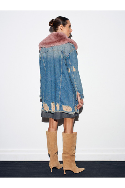 Dilvin 65378 100% Cotton Removable Fur Denim Jacket-Tint