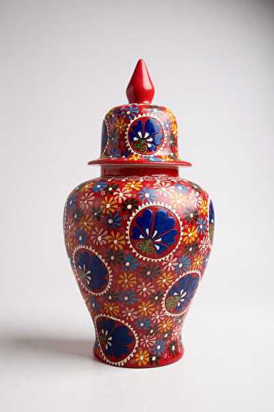 STORESZA El Yapımı Dantel İşçiliği 40Cm Kırmızı Şah Küp Çini Vazo