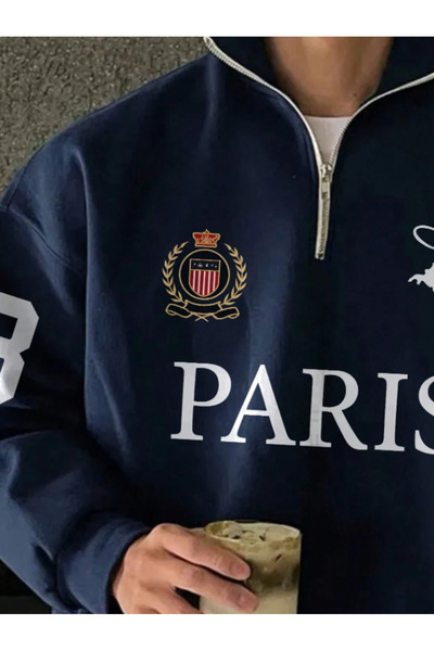 MOONBULL Erkek Paris Baskılı Dik Yaka Fermuarlı Kışlık Uzun Kollu Sweatshirt